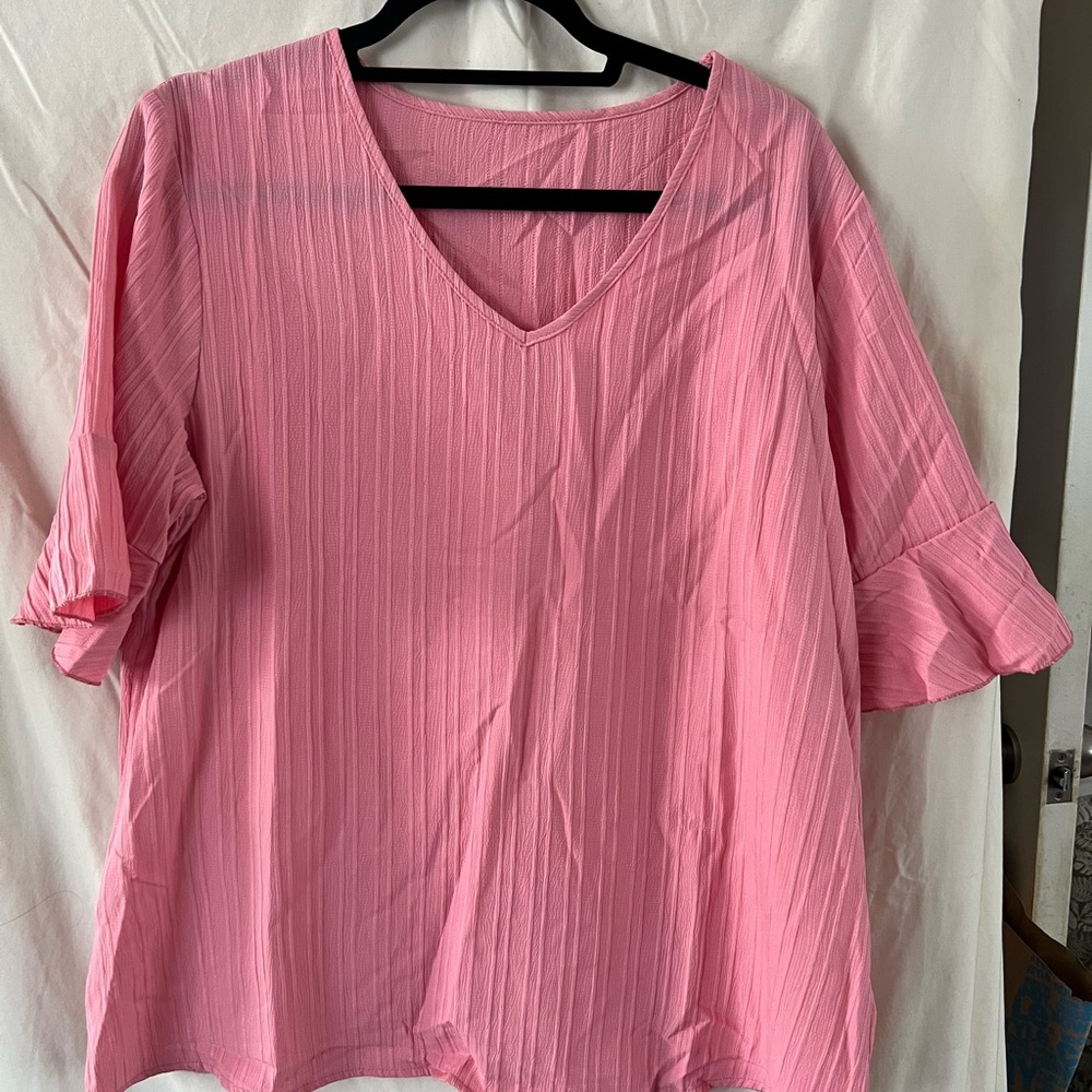 Pink V-Neck Ruffle Sleeve Top